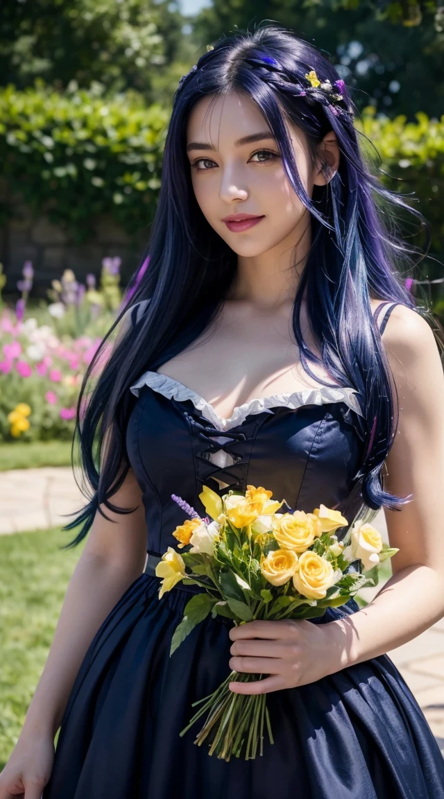 (Absurd, High resolution, Super detailed), masterpiece, Hinata(bolt), ((alone)), One girl,Medium chest, Long purple Victorian dress, Mouth closed, (((Long Hair))),Are standing, Bodice and skirt patterns, Frilled Skirt, race, Blinking blinking effect, (((Detailed lips))), garden, Pink and yellow flowers,  ((Realistic Skin)), Glowing Skin, ((Glossy Red Lips)), Purple eyes, Portraiture, beautiful, smile, (((Dark blue hair))), Bust Crop, Normal skin