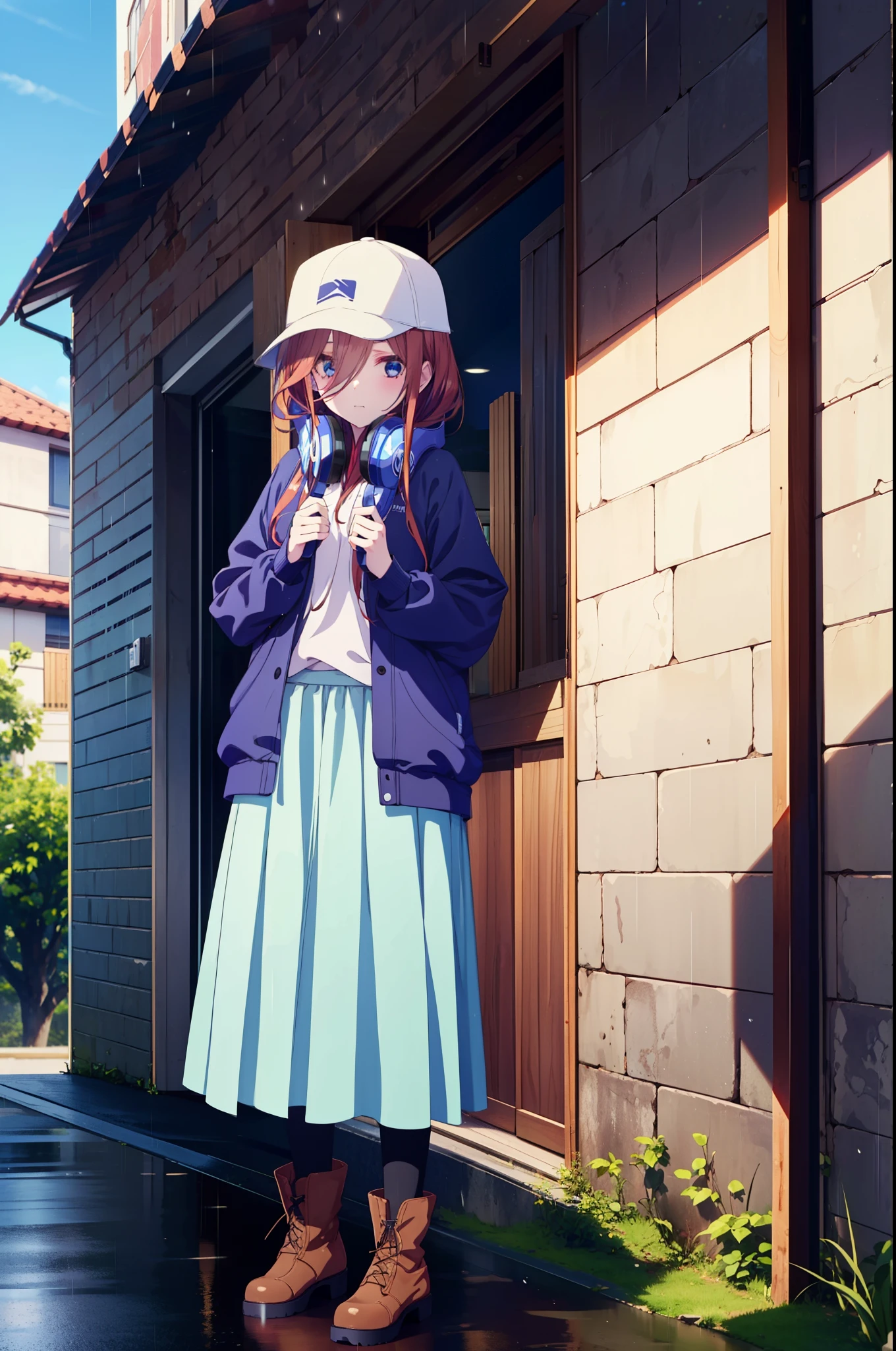 miku nakano, Nakano Miku Ticket III, Long Hair, bangs, blue eyes, Brown Hair, Hair between the eyes,Baseball hats,Headphones around neck,Oversized blue hoodie,Long skirt,short boots,rain,Hiding in a roofed building,Standing leaning against the wall,whole bodyがイラストに入るように,
break outdoors, Building district,
break looking at viewer, whole body,
break (masterpiece:1.2), Highest quality, High resolution, unity 8k wallpaper, (figure:0.8), (Beautiful attention to detail:1.6), Highly detailed face, Perfect lighting, Highly detailed CG, (Perfect hands, Perfect Anatomy),