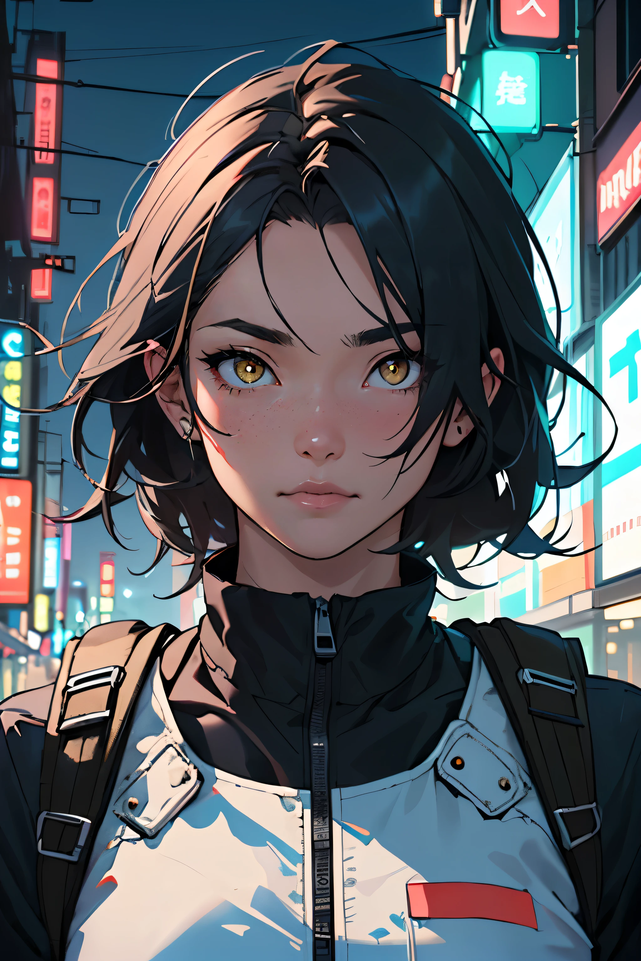  ((best qualityer)), ((work of art)), (detailded), ((game dev concept art)) ((Semi realism)) ((8k)) ((dark city)) ((dark sky)) Japanese girl, Black voluminous emo hair, eyes with yellow pupils, cyberpunk style, all-black clothes with red neons, Military Details + backpack  with neon lights, space police style. metal arm black color and carbon, bio mechanic, neon lights + blur background city, realistic + semi realistic face, better eyes  + perfect body. 