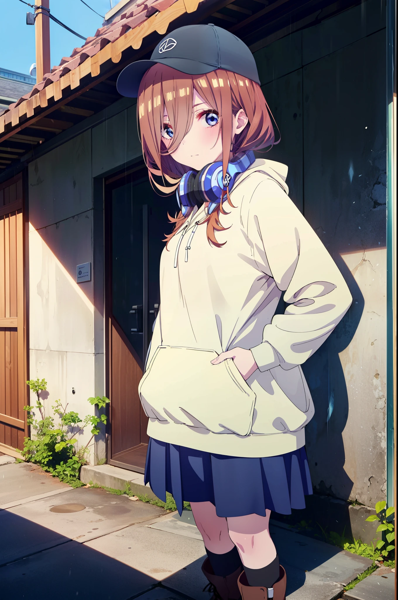 miku nakano, Nakano Miku Ticket III, Long Hair, bangs, blue eyes, Brown Hair, Hair between the eyes,Baseball hats,Headphones around neck,Oversized blue hoodie,Long skirt,short boots,rain,Hiding in a roofed building,Standing leaning against the wall,whole bodyがイラストに入るように,
break outdoors, Building district,
break looking at viewer, whole body,
break (masterpiece:1.2), Highest quality, High resolution, unity 8k wallpaper, (figure:0.8), (Beautiful attention to detail:1.6), Highly detailed face, Perfect lighting, Highly detailed CG, (Perfect hands, Perfect Anatomy),