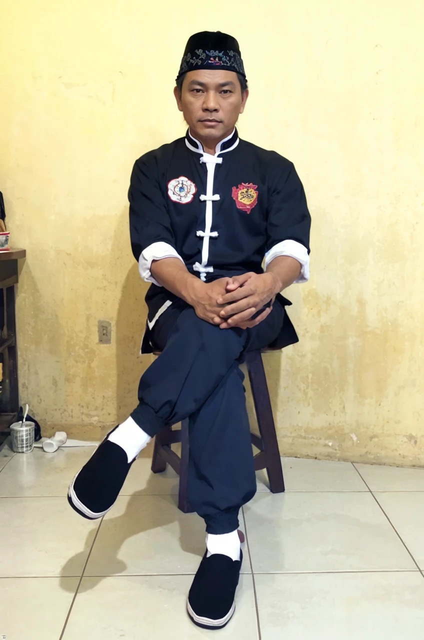 Realistic 5D caricature image of a full body Indonesian man sitting on a chair with a red curtain background. He is wearing traditional Chinese clothing, long-sleeved black cheongsam (sleeves rolled up to the elbows), shirt edges with white stripes on the edges and sleeves, shirt collar edges with stripes white. He wore a black skullcap. His hands were folded in his lap. He wore plain black joggers, white socks, and black traditional Chinese slip-on shoes (Wing Chun shoes) that matched his outfit. The man wore a calm and serious expression. The chair he sat on was red, possibly made of cloth or foam, with red armrests. He sat with his legs crossed, left leg over right. The backdrop features bright red curtains that stretch from top to floor. The floor visible below has a tile pattern, perhaps ceramic or tile, with some visible stains or dirt. Detailed HD quality cinematic 5D rendering.