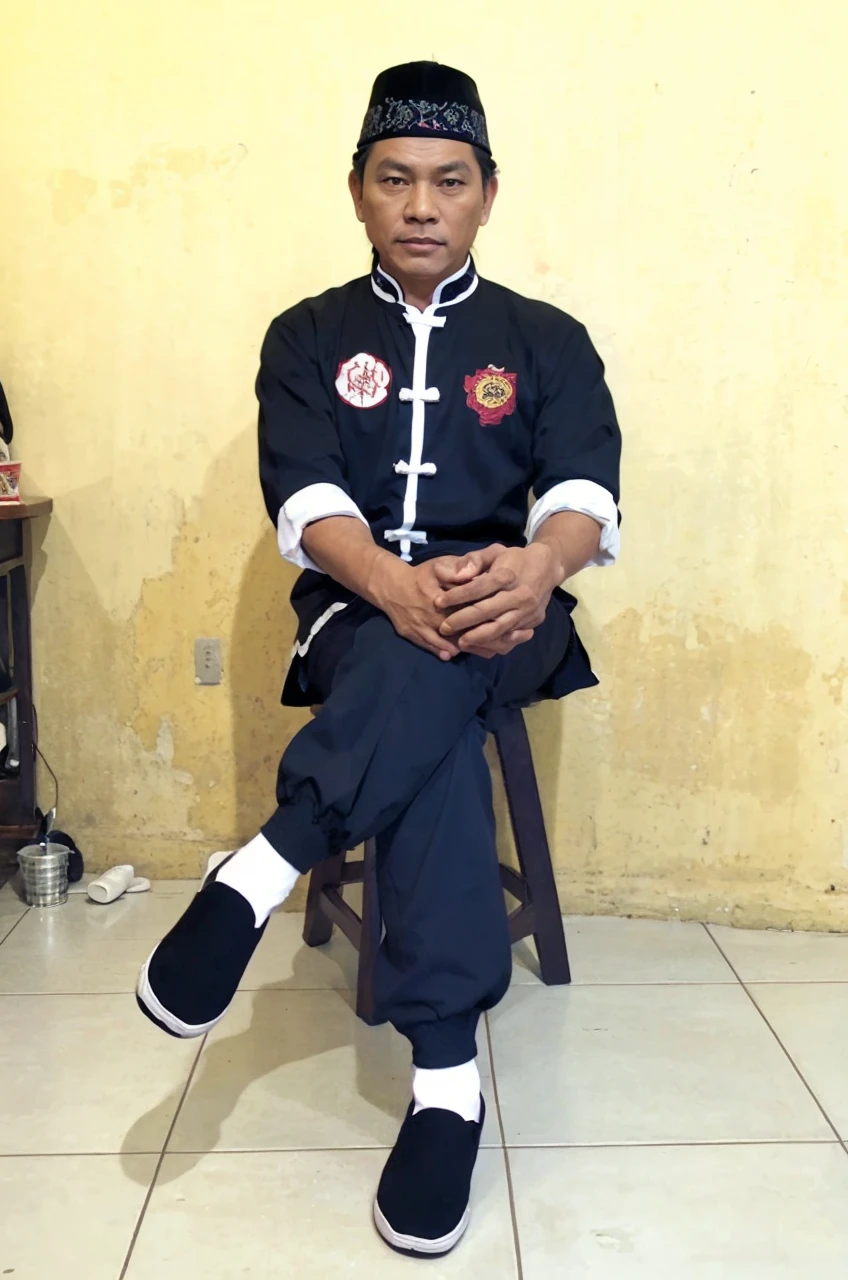 Realistic 5D caricature image of a full body Indonesian man sitting on a chair with a red curtain background. He is wearing traditional Chinese clothing, long-sleeved black cheongsam (sleeves rolled up to the elbows), shirt edges with white stripes on the edges and sleeves, shirt collar edges with stripes white. He wore a black skullcap. His hands were folded in his lap. He wore plain black joggers, white socks, and black traditional Chinese slip-on shoes (Wing Chun shoes) that matched his outfit. The man wore a calm and serious expression. The chair he sat on was red, possibly made of cloth or foam, with red armrests. He sat with his legs crossed, left leg over right. The backdrop features bright red curtains that stretch from top to floor. The floor visible below has a tile pattern, perhaps ceramic or tile, with some visible stains or dirt. Detailed HD quality cinematic 5D rendering.