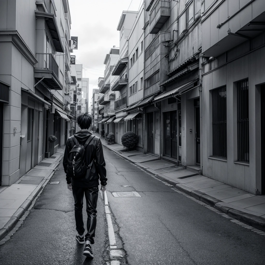 Image taken from a cartoon about a sad man walking down a deserted street., Black and White Manga Panel, black and white Manga page, in manga format, Black and white manga drawings, In manga form, Manga page, black and white manga style, manga panel, detailed manga style, digital manga, Japanese style manga, view from the street, manga illustration