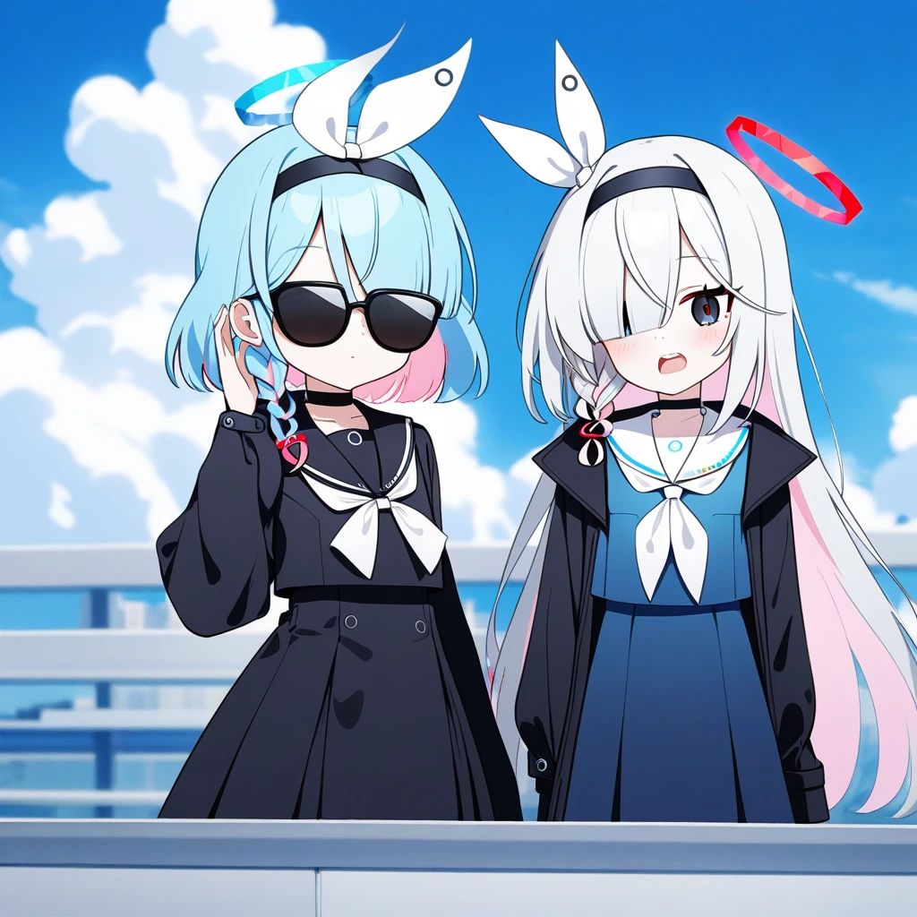 2girls, blue archive, arona \(blue archive\), plana \(blue archive\), black choker, black coat, black eyes, black hairband, black pantyhose, black sailor collar, black serafuku, black shirt, black skirt, blue eyes, blue hair, blue halo, blue pupils, blue shirt, blue sky, blush, bow hairband, braid, breasts, buttoned cuffs, buttons, choker, closed mouth, cloud, coat, colored inner hair, day, film grain, hair over one eye, hair ribbon, hairband, halo, light blue hair, long hair, long sleeves, looking at viewer, miniskirt, multicolored hair, multiple girls, neckerchief, open mouth, outdoors, pantyhose, pink hair, pleated skirt, puffy long sleeves, puffy sleeves, red halo, red pupils, ribbon, sailor collar, sailor shirt, , serafuku, shirt, short hair, side braid, single braid, sitting, skirt, sky, small breasts, sunglasses, teeth, thighs, two-tone hair, upper teeth only, white choker, white hair, white hairband, white neckerchief, white ribbon, white sailor collar, white skirt
