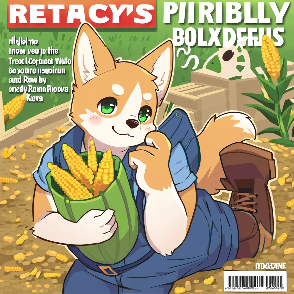 ((magazine cover)), perfect anatomy, detailed_eyes, muscular_anthro, full_body, furry, male, dog, corgi, kemono, 1boy, solo, green_shirt, dark_jeans, blue_overalls, brown_boots, pitckforks, green_eyes, farm_background, holding_corn, corn, water, smiling,