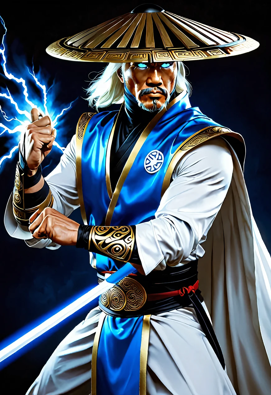 Raiden, Mortal Combat, wears white cloak, A Vietnamese hat, shining blue eyes, wields baton, God of thunder, protector of the Earth Plane, intricate, high détail, sharp focus, dramatic, photorealistic paint art by greg rutkowski
