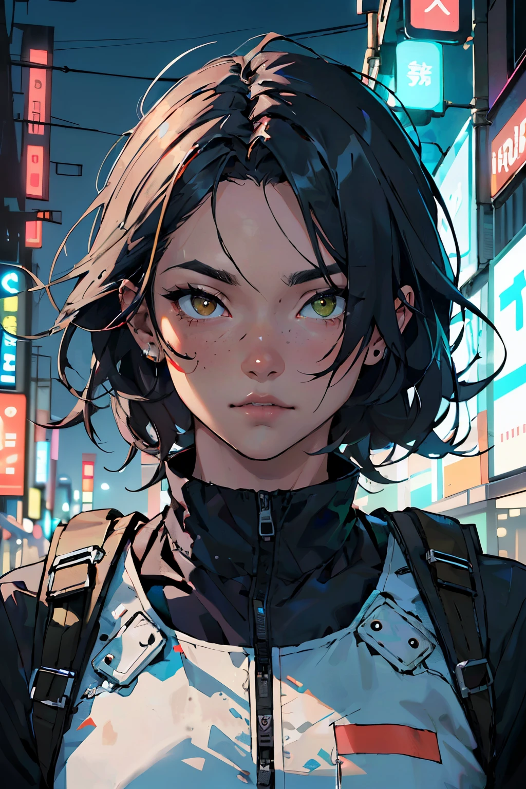 ((best qualityer)), ((work of art)), (detailded), ((game dev concept art)) ((Semi realism)) ((8k)) ((dark city)) ((dark sky)) Japanese girl, Black voluminous emo hair, eyes with yellow pupils, cyberpunk style, all-black clothes with red neons, Military Details + backpack with neon lights, space police style. metal arm black color and carbon, bio mechanic, neon lights + blur background city, realistic + semi realistic face, better eyes + perfect body.