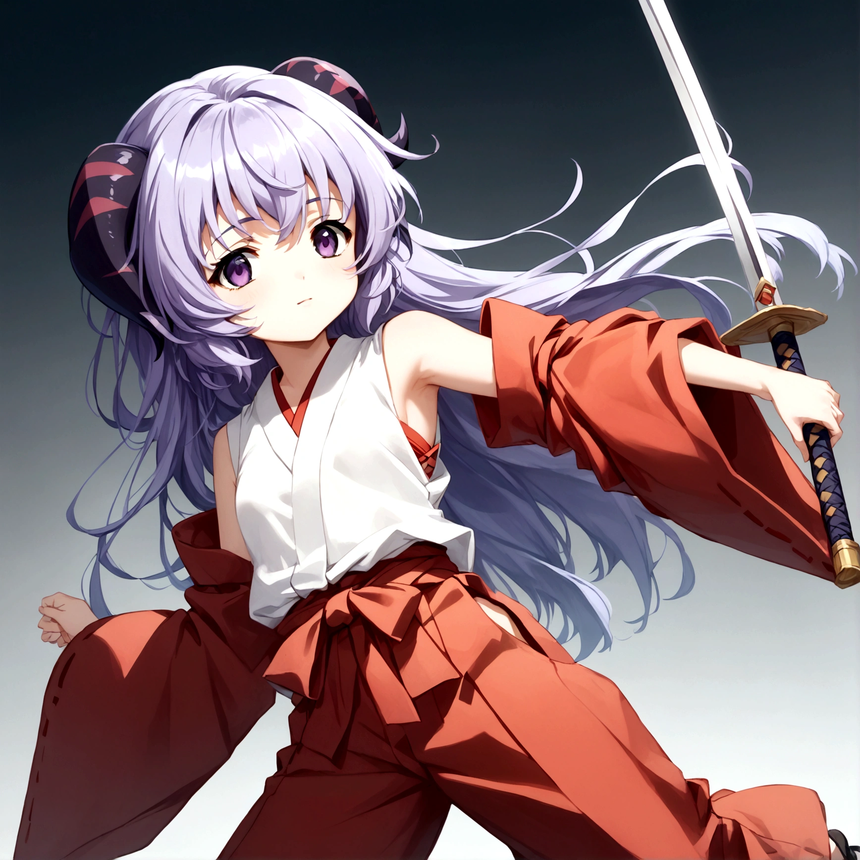  score_9, score_8_up, score_7_up, score_6_up, source_anime, anime screencap, anime coloring, 1girl, hanyuu, solo, (tween:1.2), kawaii, ((horns)), medium breasts, purple eyes, purple hair, long hair, simple background, white background, japanese clothes, miko, skirt, hakama, hakama skirt, red detached sleeves, red hakama, (holding sword),fighting stance、　
