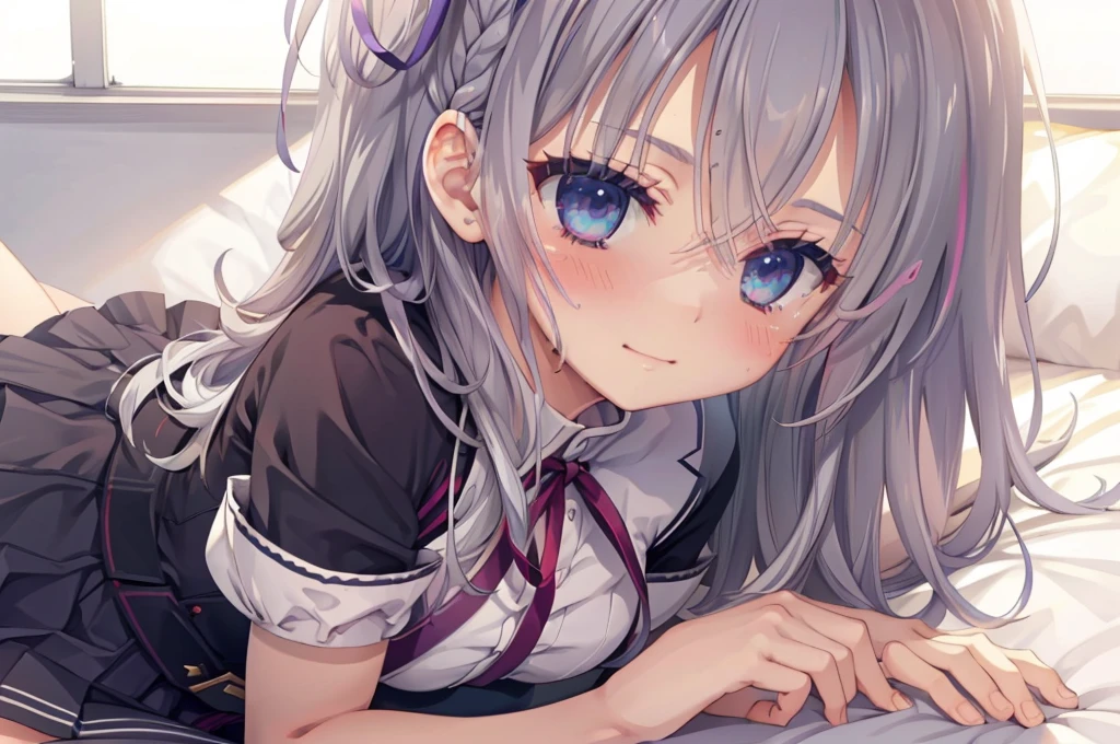 Lying down,Face close up,Blushing,smile, Looking at the audience, bed,Hair between the eyes, Blue jewel-like eyes, Gray Hair, Hair length, ribbon, ヘアribbon, uniform, Pleated skirt, White shirt, Black Skirt, Short sleeve,Plump thighs,Simple Background,Best image quality