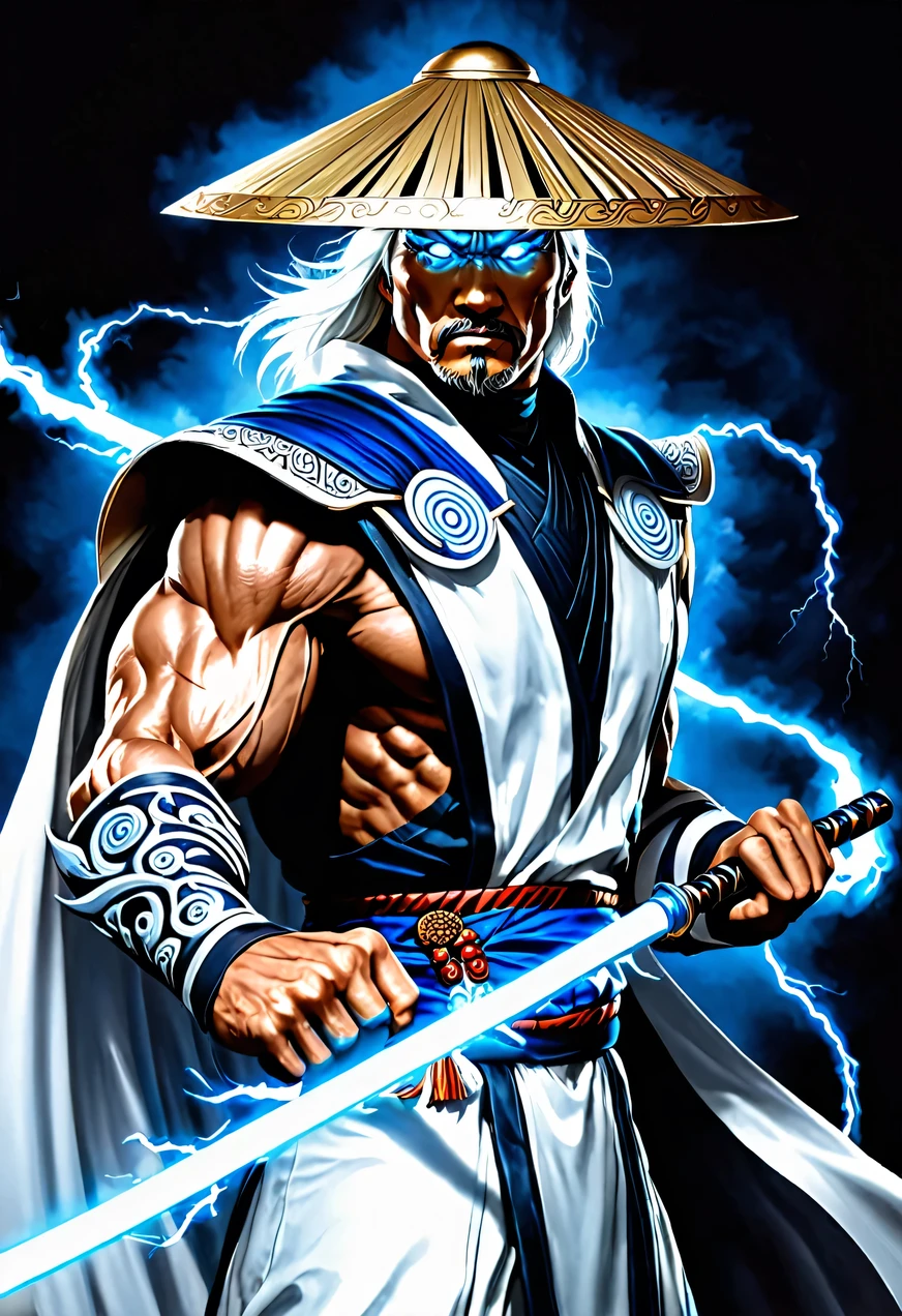 Raiden, Mortal Combat, wears white cloak, A Vietnamese hat, shining blue eyes, wields baton, God of thunder, protector of the Earth Plane, intricate, high détail, sharp focus, dramatic, photorealistic paint art by greg rutkowski
