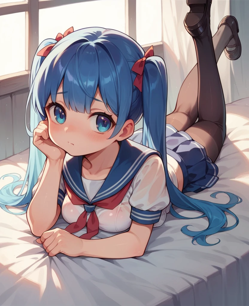 black pantyhose,loli,sailor,skirt,cute,on stomach,,blue hair,twintails,,shy,medium breasts,(ultra see through),mary janes