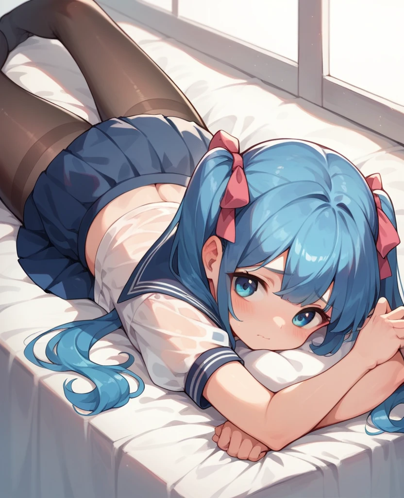 black pantyhose,,sailor,skirt,cute,on stomach,,blue hair,twintails,,shy,medium breasts,(ultra see through),mary janes