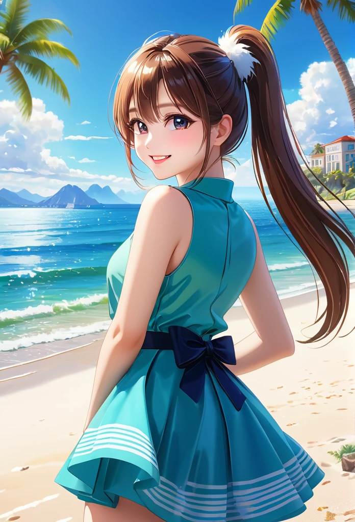 Sparkling sea and tropical ocean, Sunny sky with fluffy white clouds, Palm trees along the coast, Blur the background,Pleasant sea breeze,High school girls,ponytail,smile,Glitter effect,highest quality, 4K, 8K, High resolution, masterpiece:1.2, Very detailed, Realistic:1.37, High resolution, 超High resolution, Ultra-fine painting, Sharp focus, Physically Based Rendering, Very detailed explanation, Professional, Vibrant colors