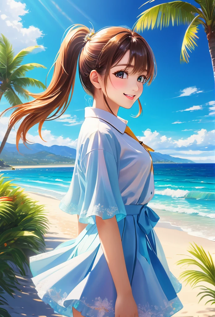 Sparkling sea and tropical ocean, Sunny sky with fluffy white clouds, Palm trees along the coast, Blur the background,Pleasant sea breeze,High school girls,ponytail,smile,Glitter effect,highest quality, 4K, 8K, High resolution, masterpiece:1.2, Very detailed, Realistic:1.37, High resolution, 超High resolution, Ultra-fine painting, Sharp focus, Physically Based Rendering, Very detailed explanation, Professional, Vibrant colors