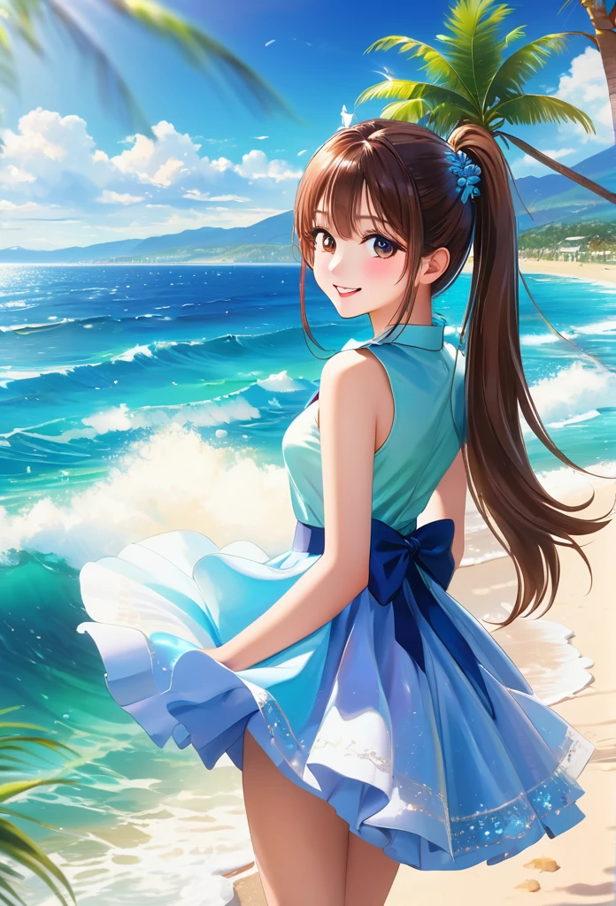 Sparkling sea and tropical ocean, Sunny sky with fluffy white clouds, Palm trees along the coast, Blur the background,Pleasant sea breeze,High school girls,ponytail,smile,Glitter effect,highest quality, 4K, 8K, High resolution, masterpiece:1.2, Very detailed, Realistic:1.37, High resolution, 超High resolution, Ultra-fine painting, Sharp focus, Physically Based Rendering, Very detailed explanation, Professional, Vibrant colors