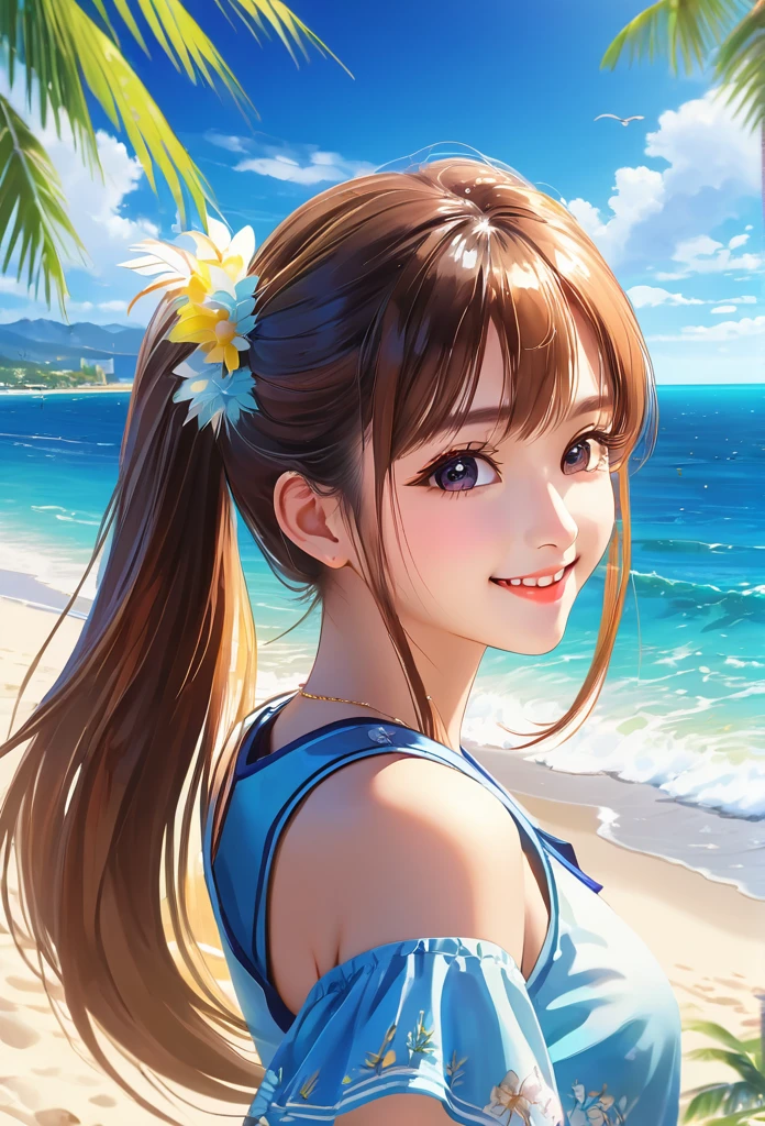 Sparkling sea and tropical ocean, Sunny sky with fluffy white clouds, Palm trees along the coast, Blur the background,Pleasant sea breeze,High school girls,ponytail,smile,Glitter effect,highest quality, 4K, 8K, High resolution, masterpiece:1.2, Very detailed, Realistic:1.37, High resolution, 超High resolution, Ultra-fine painting, Sharp focus, Physically Based Rendering, Very detailed explanation, Professional, Vibrant colors