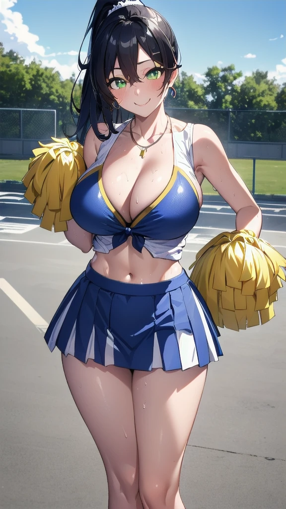 Wind Horse_home town,Large Breasts,Black Hair,Long Hair,ponytail,Green Eyes,(Cheerleader, Crop top, Ultra mini skirt, Expose your shoulders) ,(Sweaty, Glowing Skin:1.1), ,SunLight, spotLight effect,Bright sky, Blue sky and white clouds,Strong winds,(High resolution, high quality:1.1), Intricate details, Light, 1 Girl,(smile、smile),(necklace, bracelet),Sweat splashes near the face、Gym、Basketball court、During the game、、Dazzling Lighting、Angle from directly above、Chest shakes a lot
