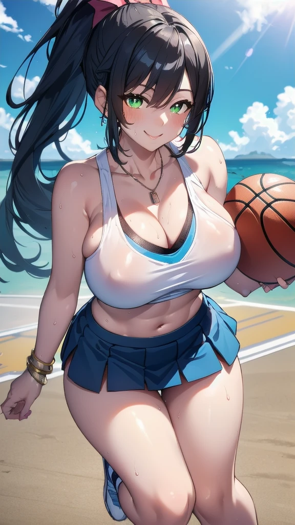 Wind Horse_home town,Large Breasts,Black Hair,Long Hair,ponytail,Green Eyes,(Cheerleader, Crop top, Ultra mini skirt, Expose your shoulders) ,(Sweaty, Glowing Skin:1.1), ,SunLight, spotLight effect,Bright sky, Blue sky and white clouds,Strong winds,(High resolution, high quality:1.1), Intricate details, Light, 1 Girl,(smile、smile),(necklace, bracelet),Sweat splashes near the face、Gym、Basketball court、During the game、、Dazzling Lighting、Angle from directly above、Chest shakes a lot