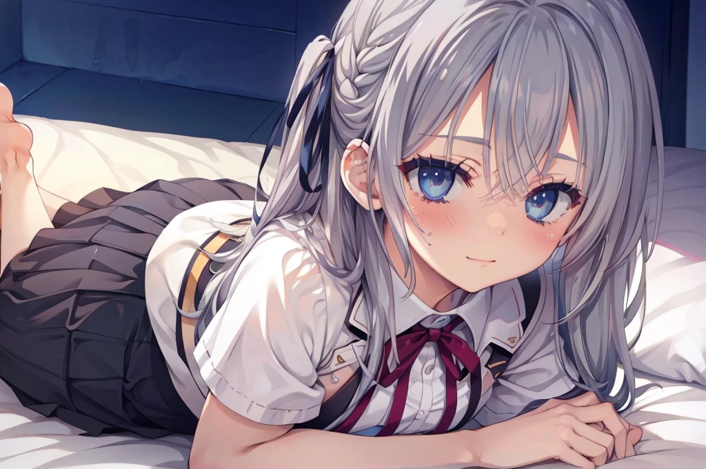 nsfw,((one man and one woman,having sex)),lying down,vaginal penis,Eroge,Tei〜accomplice,Reminiscence,Aki Shimadu,small breasts,bare chest,Silver hair with a hint of blue,twin tails,brown eyes,School uniform,navy blue vest,red ribbon,plaid skirt,,Ahegao,Highest image quality,masterpiece