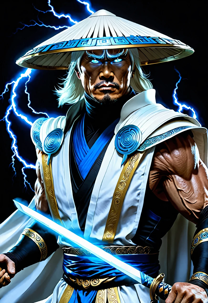 Raiden, Mortal Combat, wears white cloak, A Vietnamese hat, shining blue eyes, wields baton, God of thunder, protector of the Earth Plane, intricate, high détail, sharp focus, dramatic, photorealistic paint art by greg rutkowski
