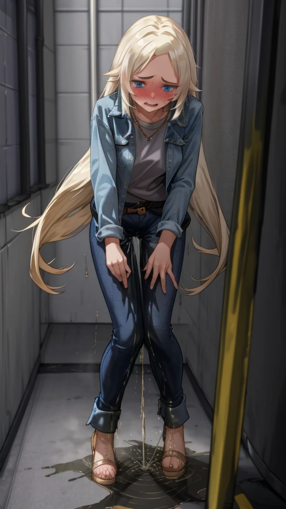 ((best quality, masterpiece:1.3, 8K)), (detailed), highly detailed face and skin texture, detailed eyes, downtown, full body, slender body, 1girl, 25 years old, white skin, blue eyes, bright lips, worried, embarrassed, blond hair, straight hari, very long hair, (forehead:0.8), (stylish shirt:1.2), jeans pants, skinny jeans, flares jeans, blue jeans, stylish shoes, peeing jeans, peeing pants, pee stain, (wetting herself:1.3), desperation,