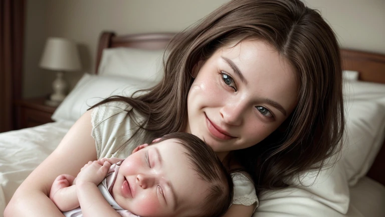 A photorealistic portrait of a 29 year old American mother with long dark brown hair and piercing green eyes, and fleshy lips, but natural. Oval face, but well-defined cheekbones. She should have a natural face. , accessible expression, like a smile, holding a sleeping  in your arms.  The background should be a bedroom setting . Capture this image with a high-resolution photograph using an 85mm lens for a flattering perspective.