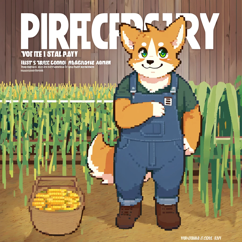 ((magazine cover)), perfect anatomy, detailed_eyes, muscular_anthro, full_body, furry, male, dog, corgi, kemono, 1boy, solo, green_shirt, dark_jeans, blue_overalls, brown_boots, pitckforks, green_eyes, farm_background, holding_corn, corn, water, smiling,