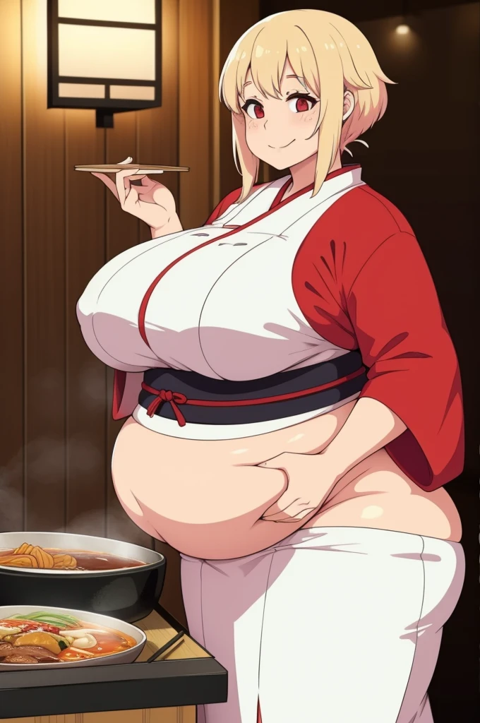 1woman, ramen chef, Japanese, cooking ramen, at a restaurant, Japanese clothes, fat, smiling, curvy, wide hips, thick.