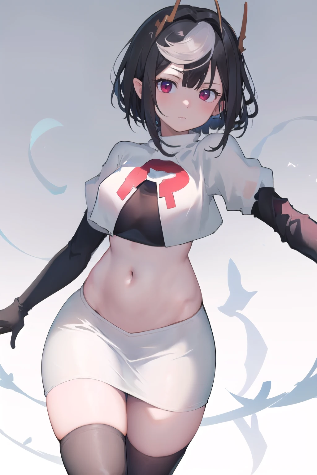 masterpiece, best quality, high quality, absurdres, intricate details, 8k, nice hands, perfect hands,
1girl, solo, maouariel, looking at viewer, jewelry, team rocket,team rocket uniform,white skirt,red letter R,crop top,black thigh-highs,black elbow gloves