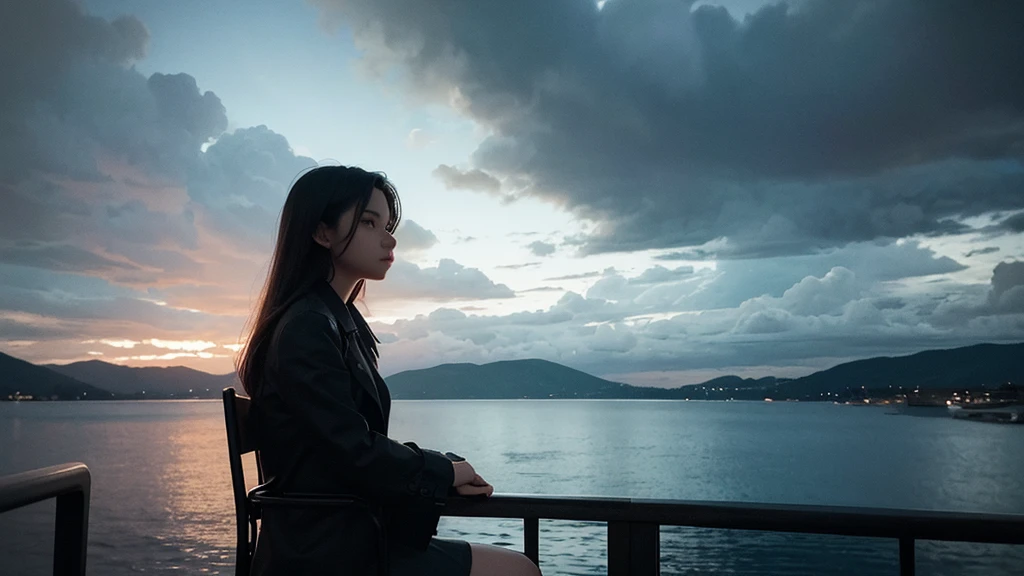 A photo of a beautiful girl sitting on a chair, looking at the sky with a dark, somber atmosphere. The surroundings are shadowy and moody, with deep, dramatic lighting adding to the intensity of the scene. The background features a dark sky with heavy clouds, enhancing the overall feeling of gloom and mystery.