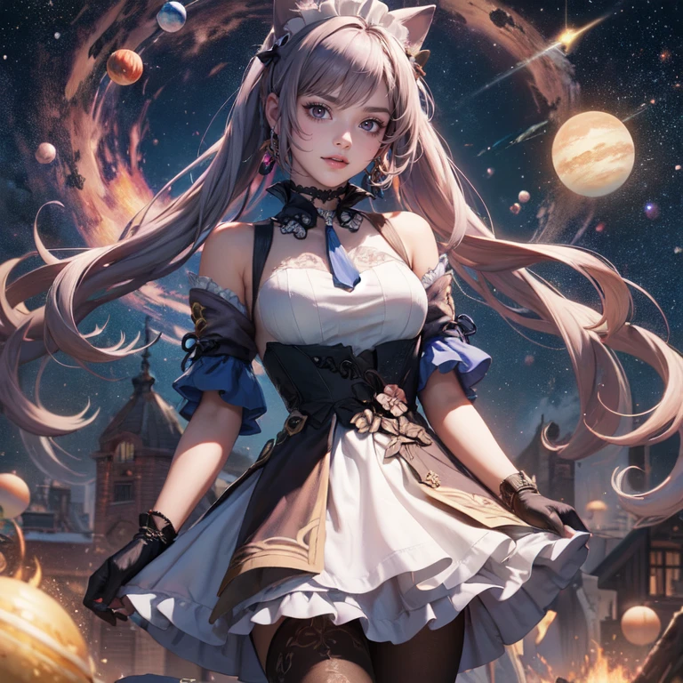 1girl, white roses, ornament hair, white roses on her hair, perfectly body, perfectly hands, lilac hair, long hair, wave hair, long hair, ornament hair, 1girl, white maid dress, jewelry, flowing hair, long hair, maid dress with a short skirt and layers, white laces, white boots, white dress with transparency, gold details on her clothes, cat ears, animal ears, more details, perfectly body, perfectly hands, two hands, two legs, two arms, five fingers, glowing hair, best quality, cat ears, animal ears, white gloves, cat tail, alone, maid headdress, choker, detached sleeves, maid dress, maid white dress, strapless, masterpeice, best quality, detailed face, night, asymmetrical gloves, bangs, white short skirt , earrings, elbow gloves, fishnet thighhighs, fishmasterpeice, solo, best quality, detailed face, hair between eyes, jewelry, looking at viewer, single earring, sky, sleeveless, solo, thigh boots, thighhighs, tongue, tongue out, uneven gloves, cat ears, animal ears, cat tail, solo, alone, Looking at the viewer, magenta roses on her hair, space scenery, maid, maid dress, magenta details, maid headdress, maid apron, long hair, seat on the Saturn rings, more details on her clothes, gold details on her clothes, space, smiling, standing her hand to a viewer, looking at the viewer, in the background a several asteroids glowing with fiery auras, Dramatic lighting from distant stars and planets illuminates the scene, looking at the vast and mysterious universe, cowboy shot, upper body portrait, more details, sparkle,