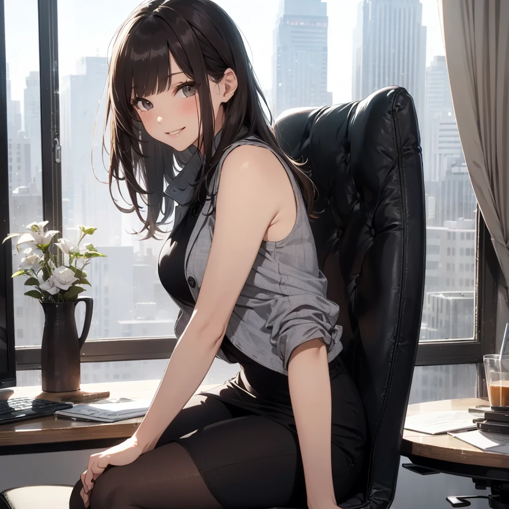 1lady sitting (crossed legs), office worker (stylish outfit), (gray vest) (pencil skirt), mature female, /(dark brown hair/) bangs, blush kind smile, (masterpiece best quality:1.2) delicate illustration ultra-detailed, large breasts, pantyhose BREAK (modern office indoors), window cityscape, detailed background