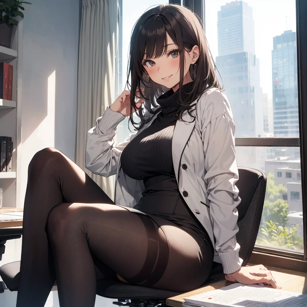 1lady sitting (crossed legs), office worker (stylish outfit), (gray vest) (pencil skirt), mature female, /(dark brown hair/) bangs, blush kind smile, (masterpiece best quality:1.2) delicate illustration ultra-detailed, large breasts, pantyhose BREAK (modern office indoors), window cityscape, detailed background