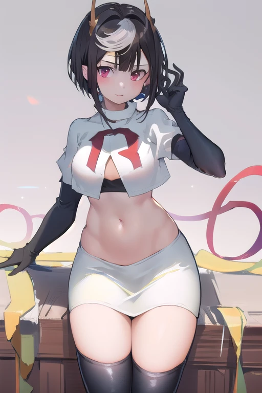masterpiece, best quality, high quality, absurdres, intricate details, 8k, nice hands, perfect hands,
1girl, solo, maouariel, looking at viewer, jewelry, team rocket,team rocket uniform,white skirt,red letter R,crop top,black thigh-highs,black elbow gloves