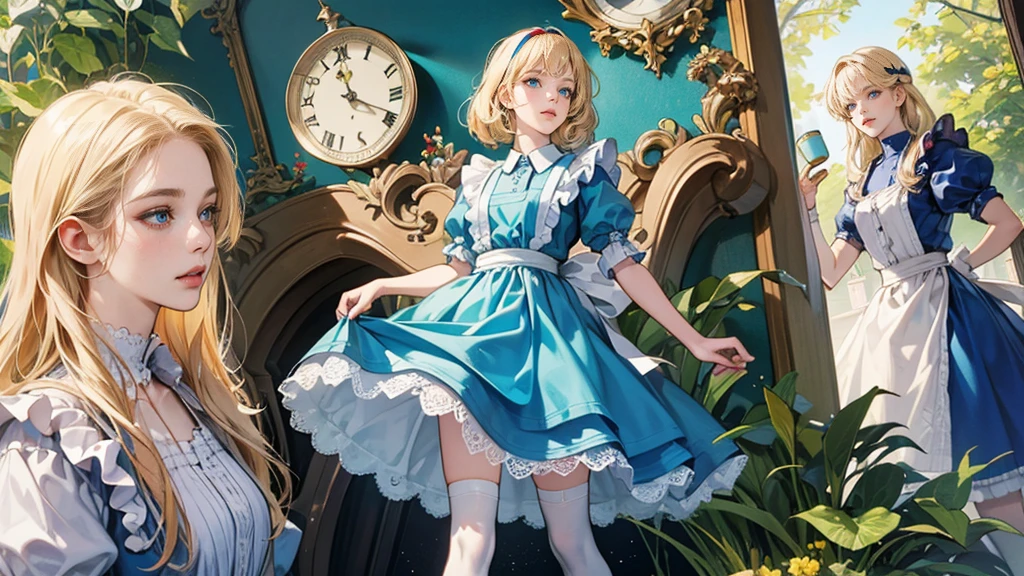 masterpiece, Highest quality, Portraiture, 1 Girl, (Alice in Wonderland:1.2), Blue clothes, White apron, Blonde, blue eyes, Usagi, Trump, Tea cup, White lace thigh high socks, Miniskirt lift, Half Body, Dynamic pose