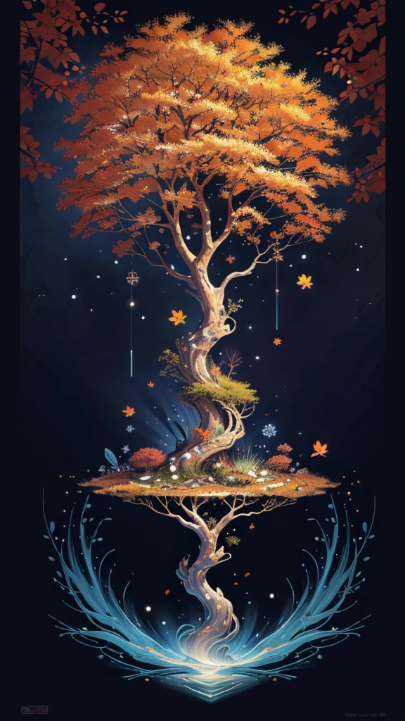 circular tree,four seasons,spring,summer,autumn,winter,leaves,roots,branches,trunk,ornate border,decorative,digital illustration,artwork,movement,time,swirling background,dark background,vibrant colors,natural,life cycle,growth,change,nature,life,peace,harmony,spirituality,symbolism,digital art,illustration,painting,graphic design,art,design,digital media,online art,visual art,fine art,fantasy