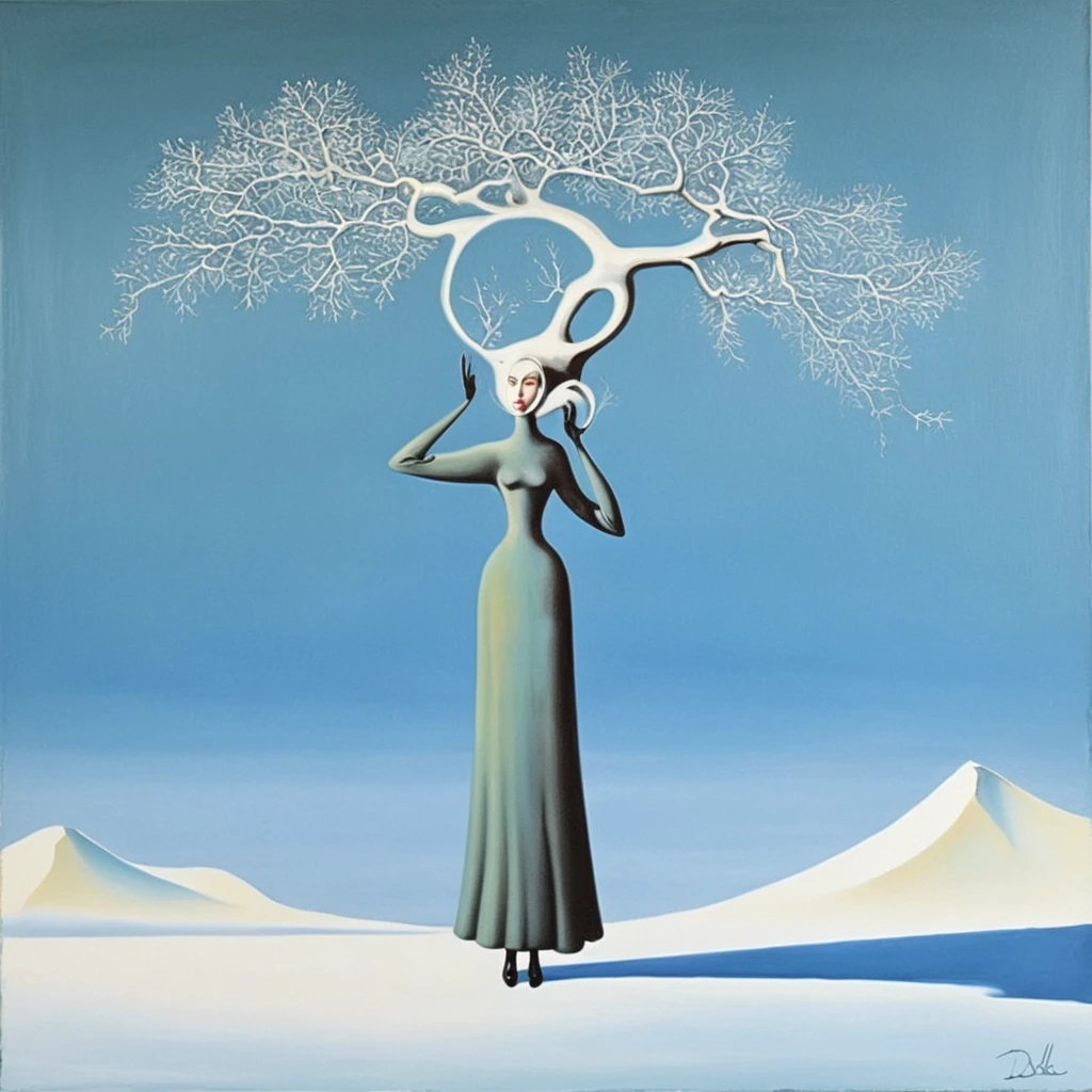 Salvador Dalí style surreal painting of a woman with a winter theme.,subtle colors, minimalist, weak,  