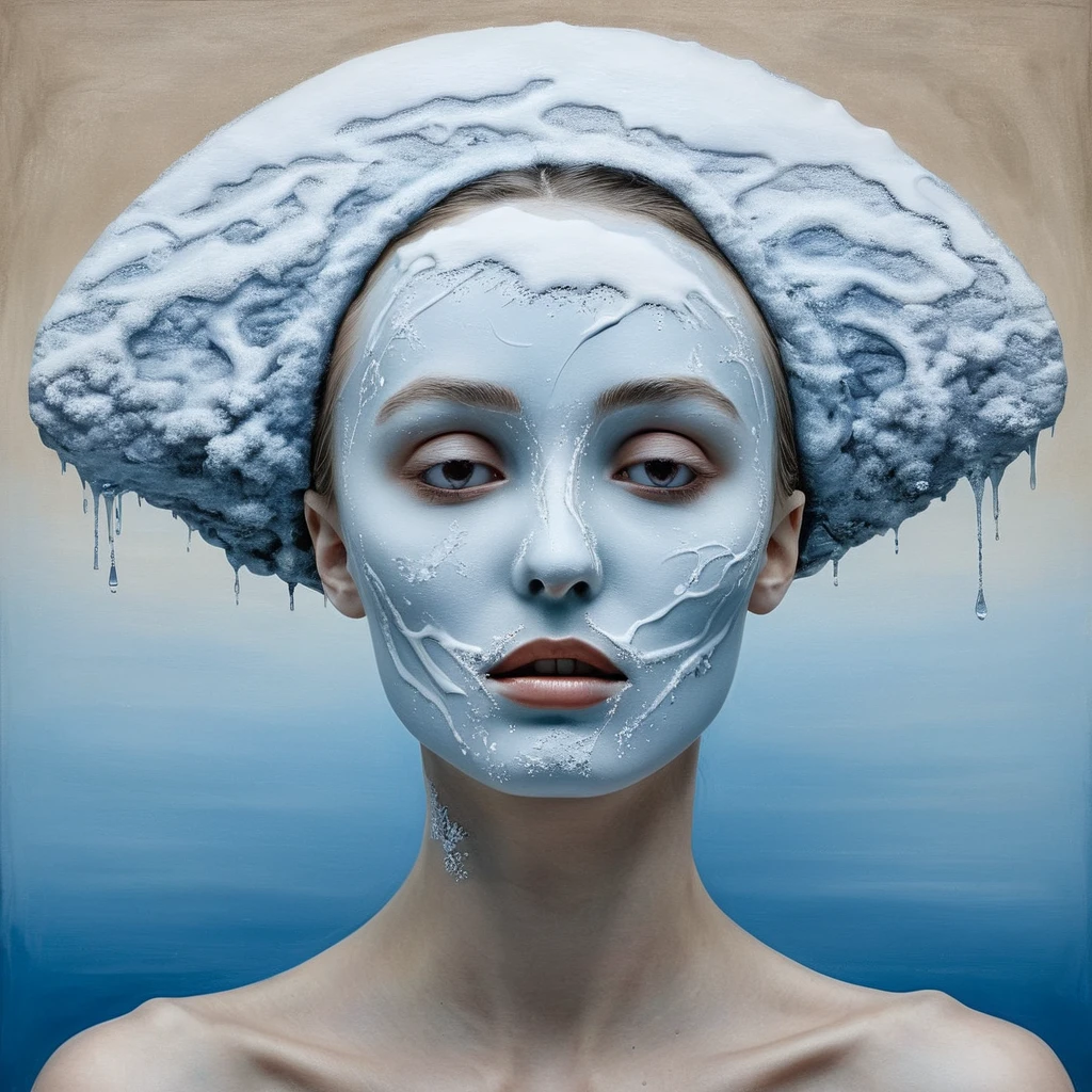 Salvador Dalí style surreal painting of a woman with a winter theme.,subtle colors, minimalist, weak,  