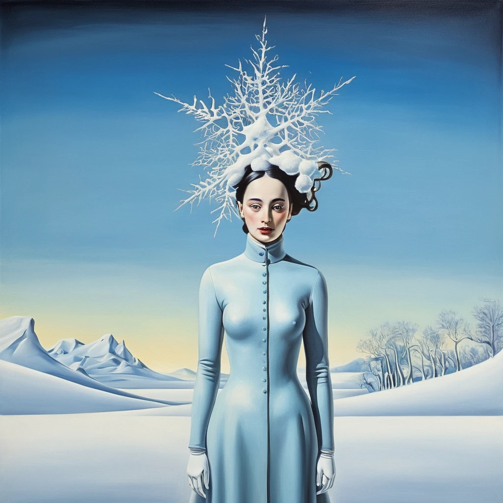 Salvador Dalí style surreal painting of a woman with a winter theme.,subtle colors, minimalist, weak,  