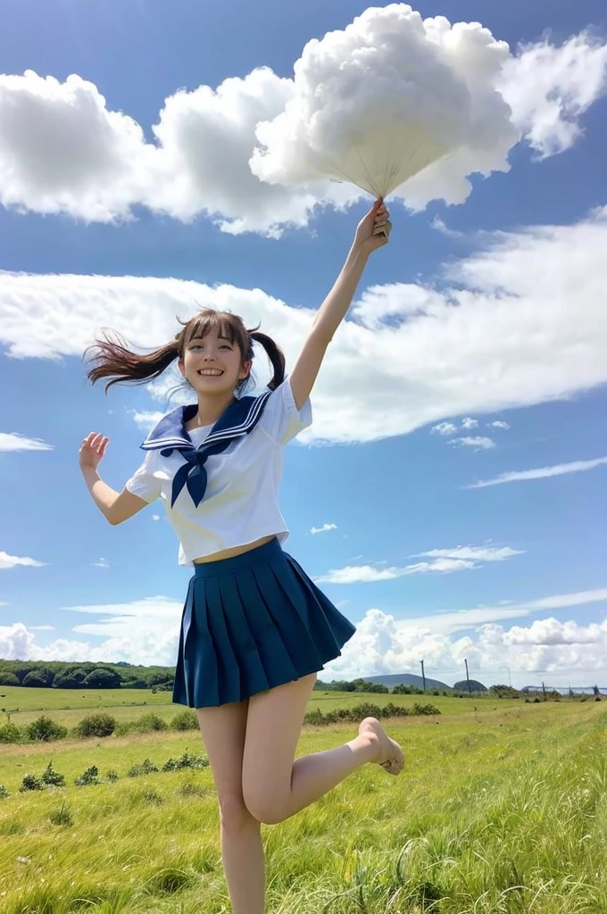 girl jumping in windy rural field,large cumulonimbus cloud in summer blue sky,white sailor shirt,navy blue pleated skirt fluttering up in wind,white panties showing,18-year-old,bangs,a little smile,thighs,knees,short hair with low pigtails bunches blowing in wind,from below,front light
