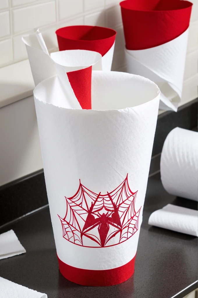 Toilet paper, Half cone in spider shape to insert into whole paper towel cone, red color cards, black and white.