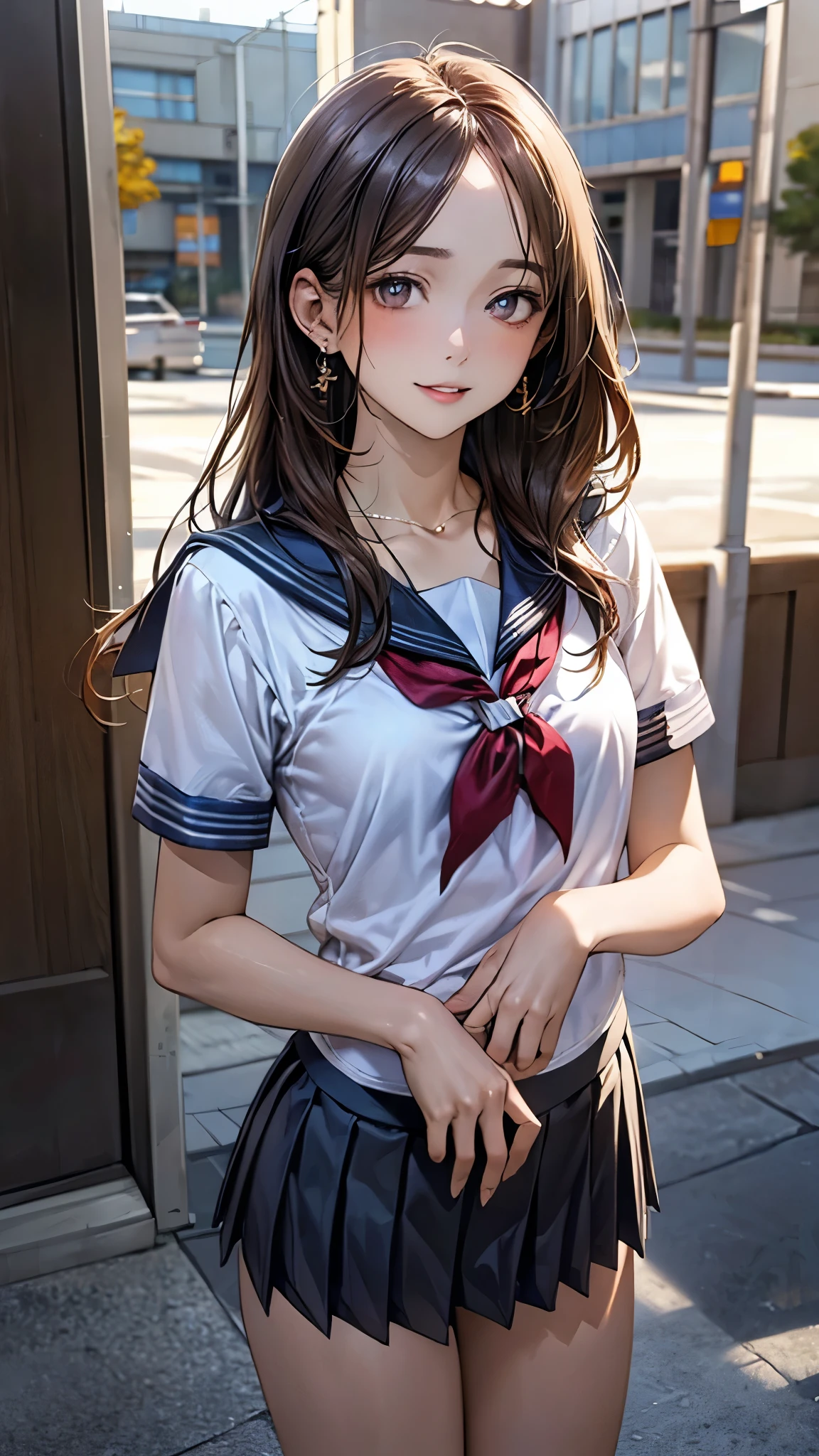 (masterpiece:1.2, top-quality), (realistic, photorealistic:1.4), beautiful illustration, (natural side lighting, movie lighting), nsfw,
beautiful detailed hair, beautiful detailed face, beautiful detailed eyes, beautiful clavicle, beautiful body, beautiful chest, beautiful thigh, beautiful legs, beautiful hands,
looking at viewer, 1 girl, japanese, high school girl, perfect face, cute and symmetrical face, shiny skin,
(long hair, straight hair, brown hair), forehead, gray eyes, slant eyes, big eyes, long eye lasher, (medium breasts), (small ass, thin thighs), slender, outstanding style,
((detailed cloth texture, serafuku, short sleeves, pleated skirt, sailor collar, scarf), finest underwear), earrings, necklace,
(beautiful scenery), evening, summer, (riverside), standing (hand on chest), (seductive smile, upper eyes, parted lips),