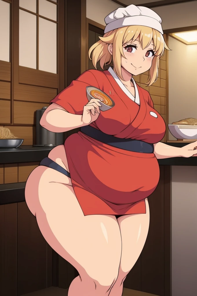 1woman, ramen chef, Japanese, cooking ramen, at a restaurant, Japanese clothes, fat, smiling, curvy, wide hips, thick.