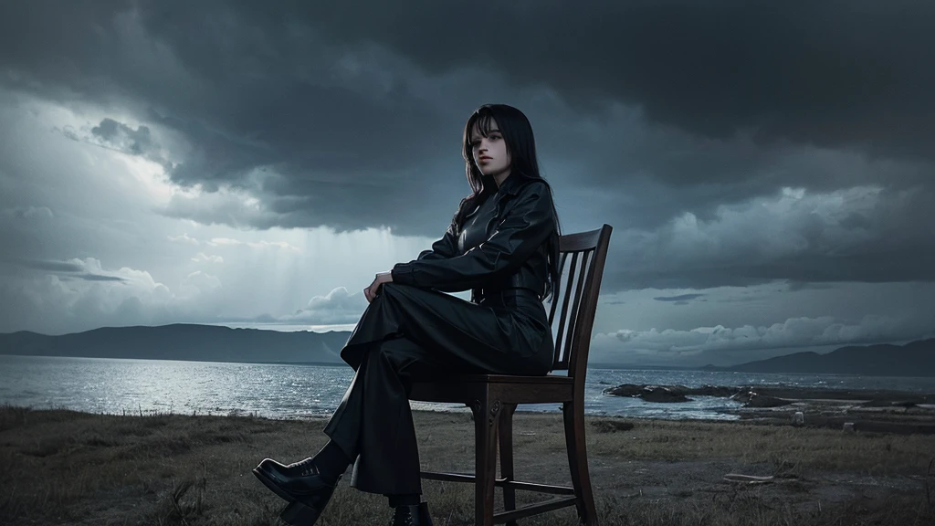 A photo of a beautiful girl sitting on a chair, looking at the sky with a dark, somber atmosphere. The surroundings are shadowy and moody, with deep, dramatic lighting adding to the intensity of the scene. The background features a dark sky with heavy clouds, enhancing the overall feeling of gloom and mystery.