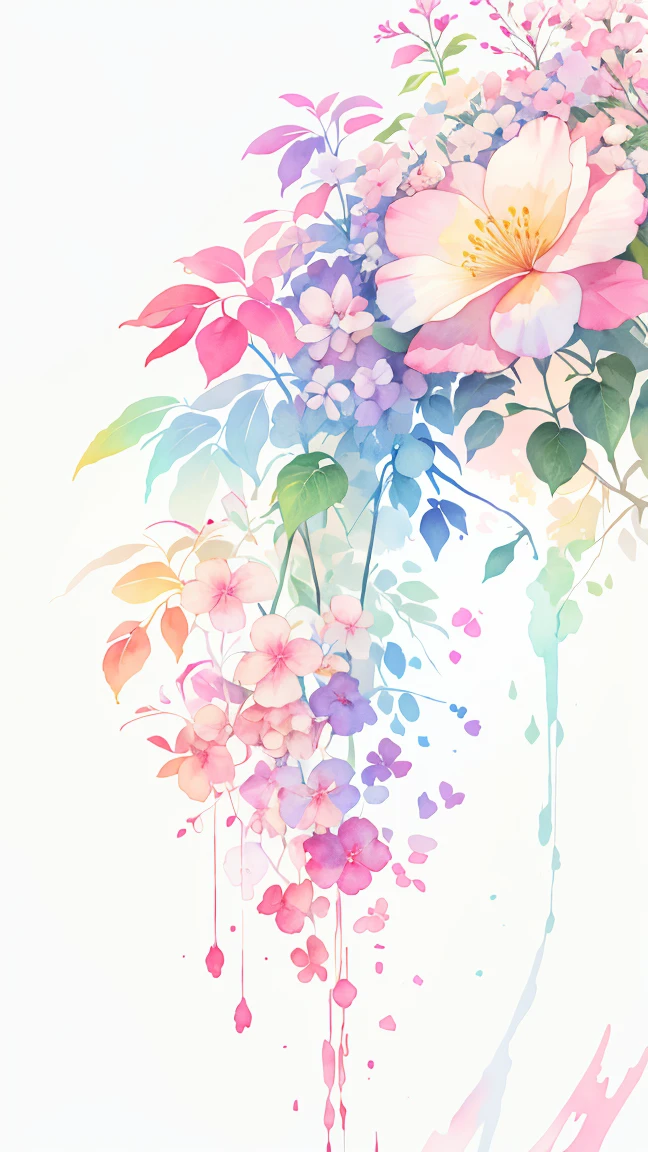 watercolor paiting,It features a simple,Lots of white space,Background Material,Watercolor texture,Rainbow Gradient flower blush red and blue and green and yellow and purple Colorful anyway gradient hydrangea white background, (best quality), masterpiece, extremely detailed 