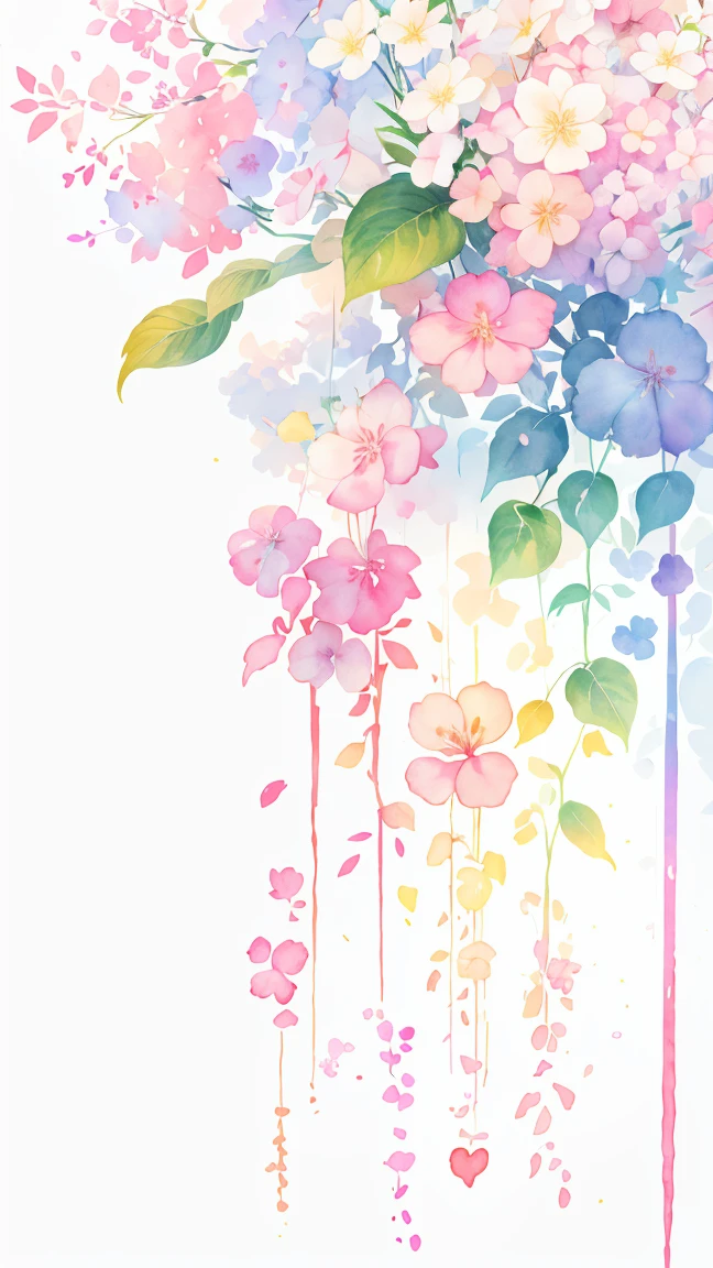 watercolor paiting,It features a simple,Lots of white space,Background Material,Watercolor texture,Rainbow Gradient flower blush red and blue and green and yellow and purple Colorful anyway gradient hydrangea white background, (best quality), masterpiece, extremely detailed 
