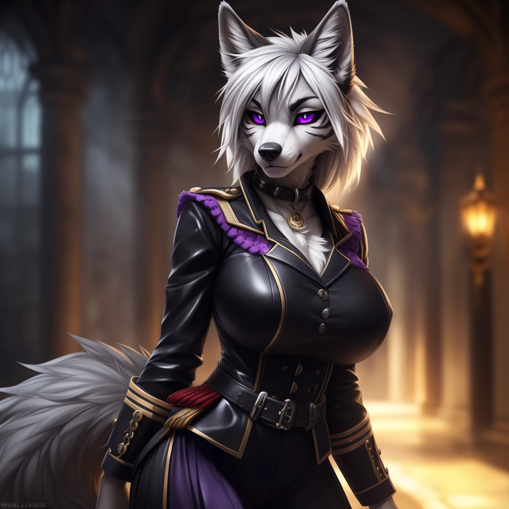 uploaded on e621, (by Wildering, by Koul, by fluff-kevlar, by aycee), solo, female wolf, wolf ears, neck tuft, hip tuft, leg tuft, wolf tail, ((black sclera, purple eyes)), ((french napeolon uniform)), ((painted portrait)), (masterpiece), (best quality), (anthro furry:1.3, snout:1.2, anthro:1.3, furry:1.2, solo female:1.2), (hourglass figure), (wide hips), (thick thighs), ((huge breasts)), (suggestive pose), (((black stripes on body, grey fur))) BREAK ((white hair)), (napoleonic war background, depth of field, ambient light on the body), (intricate:0.7), (high detail:1.3), (unreal engine:1.3), (sharp focus:1.15), (masterpiece, best quality, 4k, 2k, shaded, absurd res), ((leather collar))