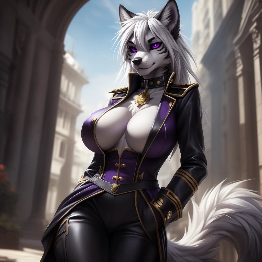 uploaded on e621, (by Wildering, by Koul, by fluff-kevlar, by aycee), solo, female wolf, wolf ears, neck tuft, hip tuft, leg tuft, wolf tail, ((black sclera, purple eyes)), ((french napeolon uniform)), ((painted portrait)), (masterpiece), (best quality), (anthro furry:1.3, snout:1.2, anthro:1.3, furry:1.2, solo female:1.2), (hourglass figure), (wide hips), (thick thighs), ((huge breasts)), (suggestive pose), (((black stripes on body, grey fur))) BREAK ((white hair)), (napoleonic war background, depth of field, ambient light on the body), (intricate:0.7), (high detail:1.3), (unreal engine:1.3), (sharp focus:1.15), (masterpiece, best quality, 4k, 2k, shaded, absurd res), ((leather collar))