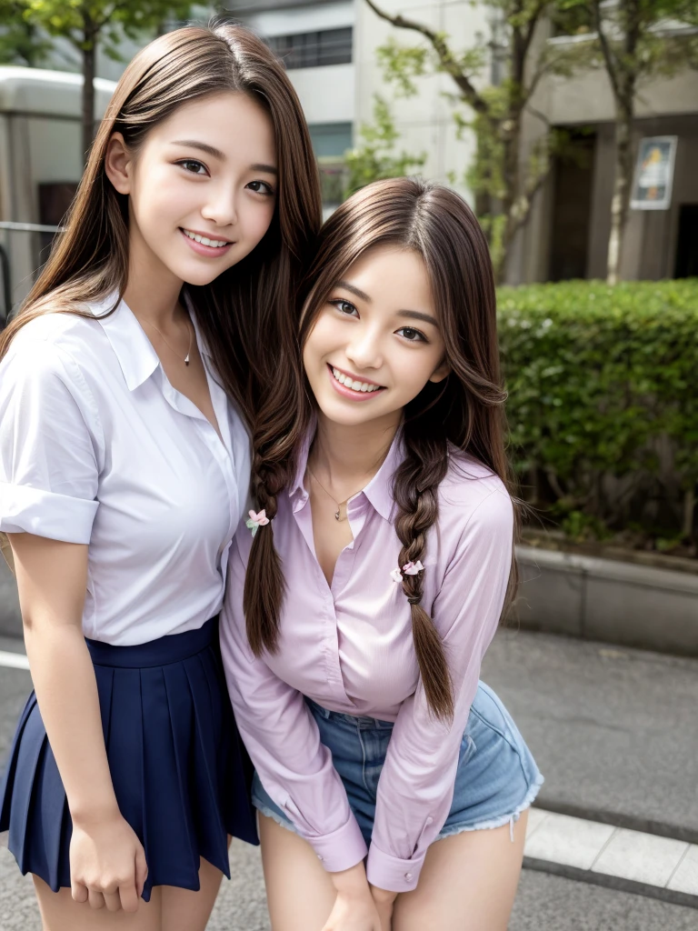 Raw photo、Ultra-realistic、Ultra detailed face、Detail lips、Detailed eyes、High school girls smiling and showing their teeth、Long Hair:1.1、chest、Visible curves、Laughing with your mouth open 、Tokyo city角、 Whole body、( Slender body)、(Long Hair)、Big Breasts、Idols、(pastel colour)、18-year-old、Small face、Braid、 Tokyo city、Long beautiful legs 1.2、Curved waist、flower、uniform、blouse、Wide forehead