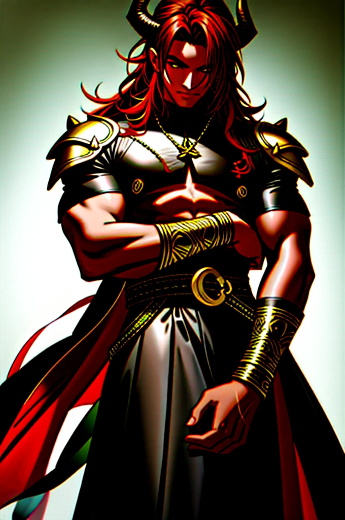 beste-Qualit, tmasterpiece, extra high resolution, Detailed, realisti, masculine, brown Skin, demon, horns that grow out of his forehead, left iris gold colored, right eye has eyepatch over it, ((right arm mechanical with silver metal)), muscular, brown skin covered in silver dragonscales in the outline of hexagons, crimson hair brushing shoulders, devil's dragon tail, in full height, ((wearing two thick leather straps in an X pattern)), bare chest, wearing long skirt over hips and legs, slit in skirt, fantasy, Egyptian theme,
inhabitant, D&D, Horror (subject), Dark Fantasy, Depth of field, non-human,(Ultra-detailed:1.3), Finely detailed, Ultra-detailed, (dynamicpose:1.0),
(centered, scale to fit the dimensions, the rule of thirds), hight resolution, sharp-focus,(Ultra Detailed, Extremely detailed),(Photorealistic works of art:1.37),
(extremely detailed CG unity 8k wallpaper),(((bright colours, A striking theme))),(Intricate),(Masterpiece),(Best Quality).